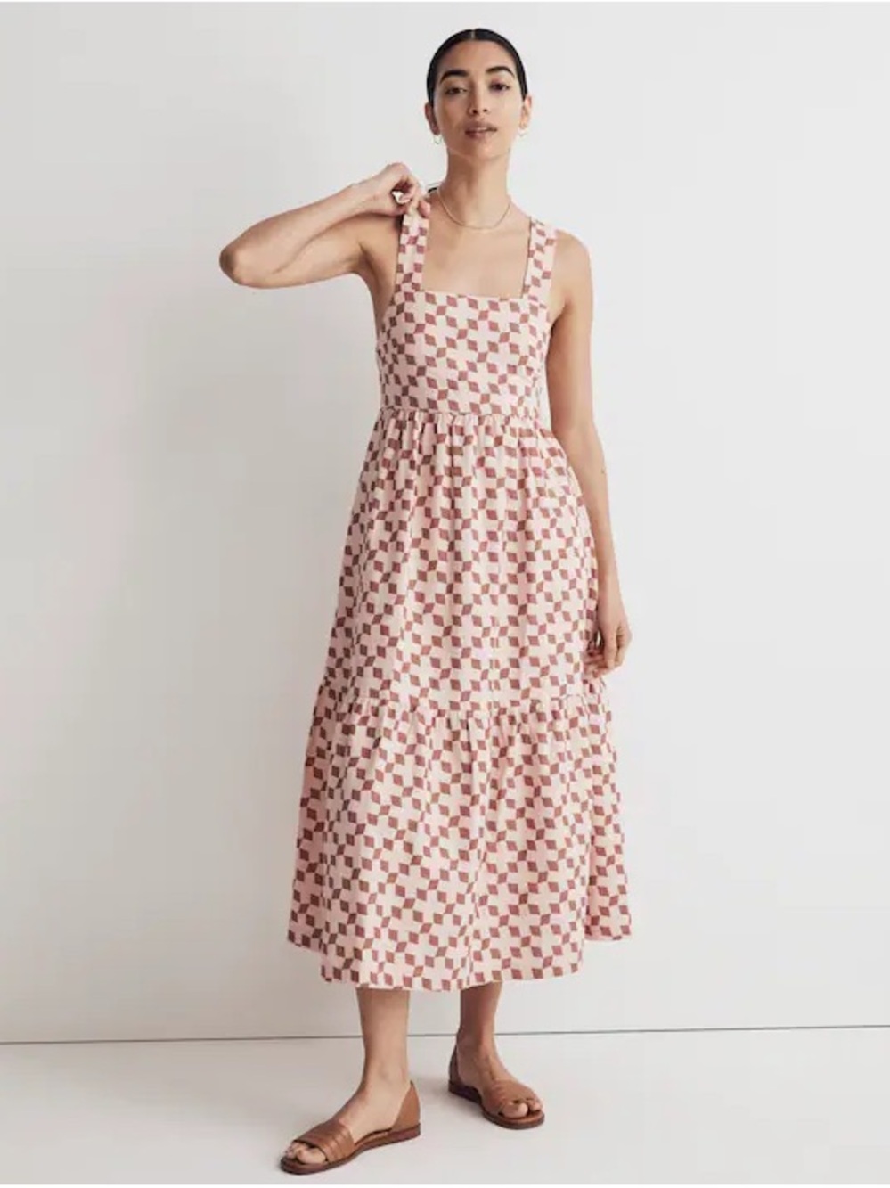 Madewell Cicely Tiered Midi Dress in Geo Checkerboard Pink Square Neck Size 8 M - Picture 10 of 10